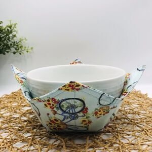 Microwave Soup Bowl Cozie Reversible Bowl Cozy, Fall Bicycles Sunflowers Blue